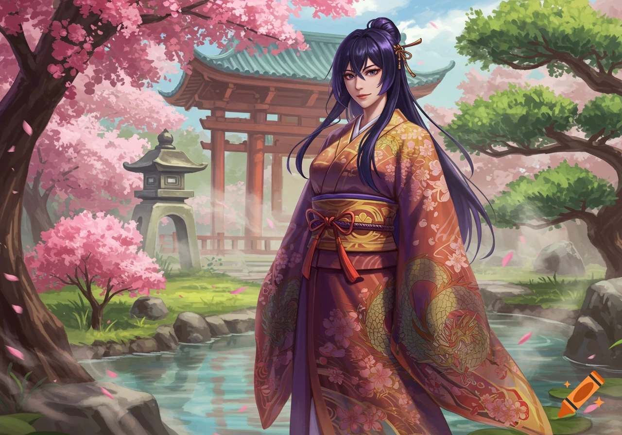 An anime woman in a red and gold kimono stands in a Japanese garden with cherry blossoms, a pond, and traditional architecture.