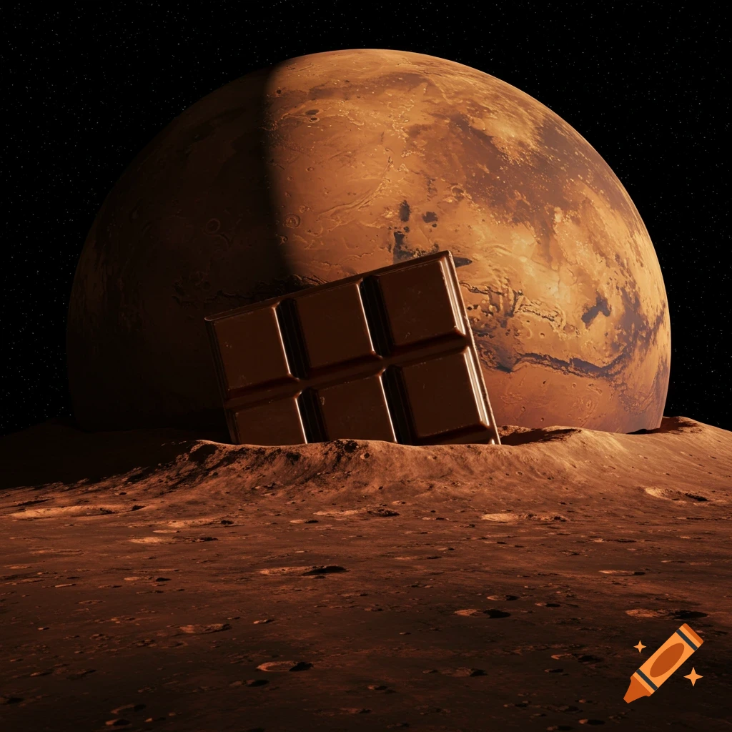 A chocolate bar stands upright on the cratered, red surface of Mars, with the large, partially shadowed planet in the background against a starry sky.
