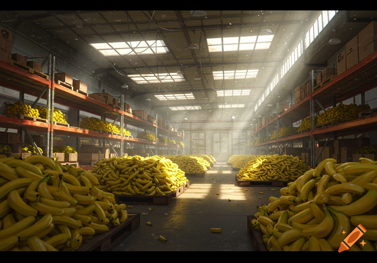 A vast warehouse filled with huge piles of ripe yellow bananas on pallets and shelves, bathed in sunlight streaming through the ceiling.