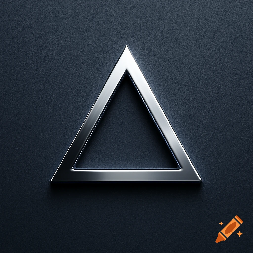 A shiny silver metallic triangle outline on a dark gray textured background.