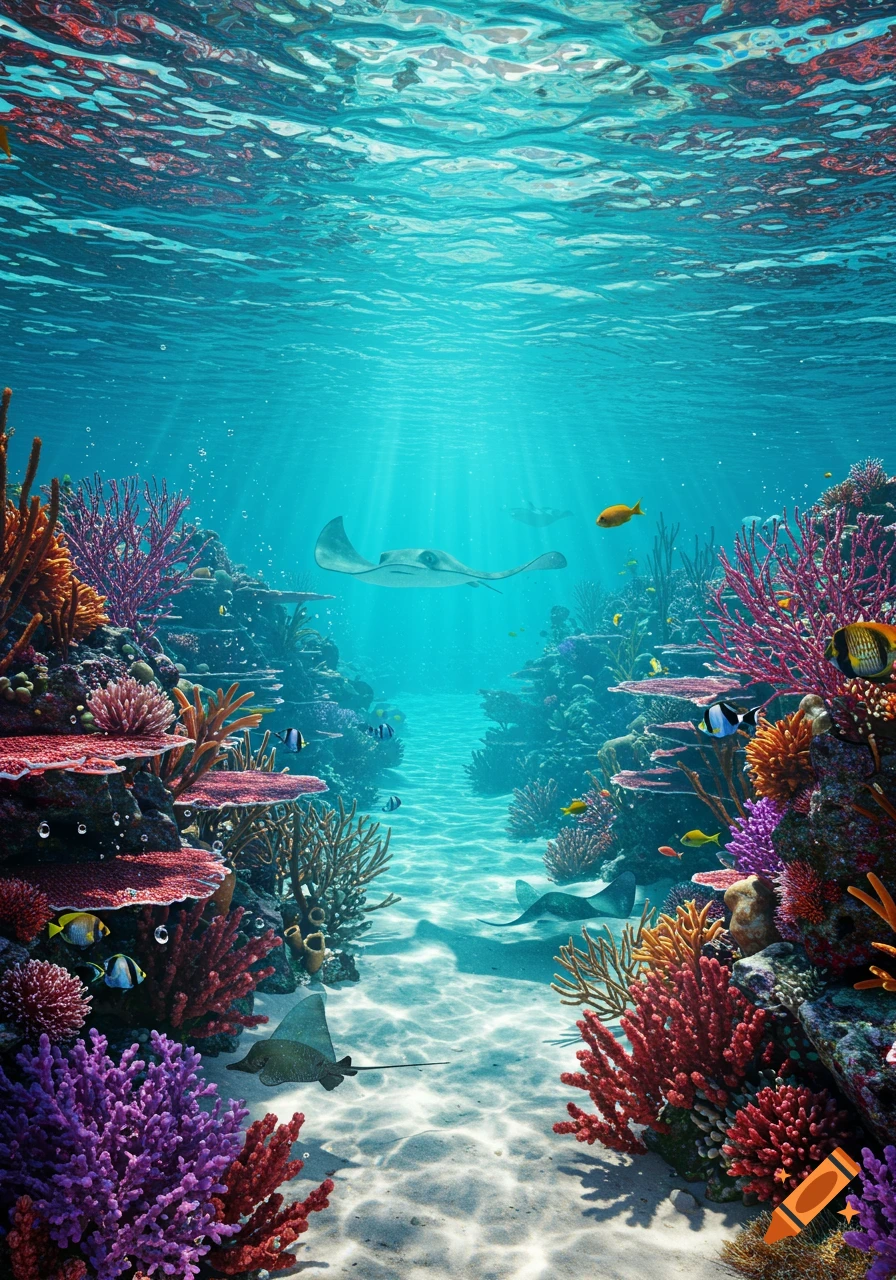 A vibrant, realistic underwater scene featuring colorful coral reefs, various fish, and several stingrays swimming amidst sunlit clear blue water.
