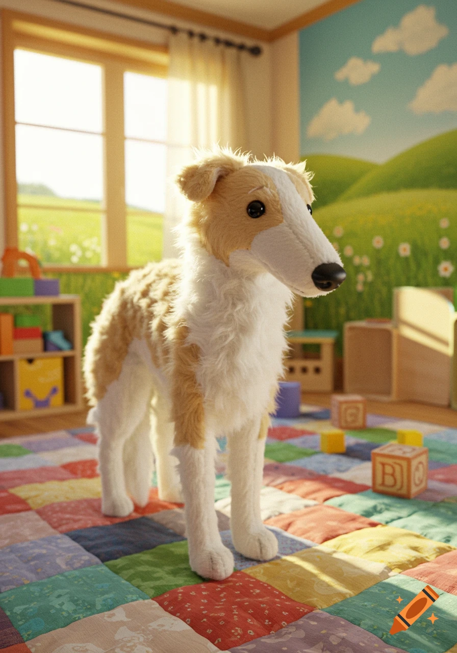 A fluffy Borzoi plush toy stands on a colorful patchwork quilt in a bright child's room with building blocks.