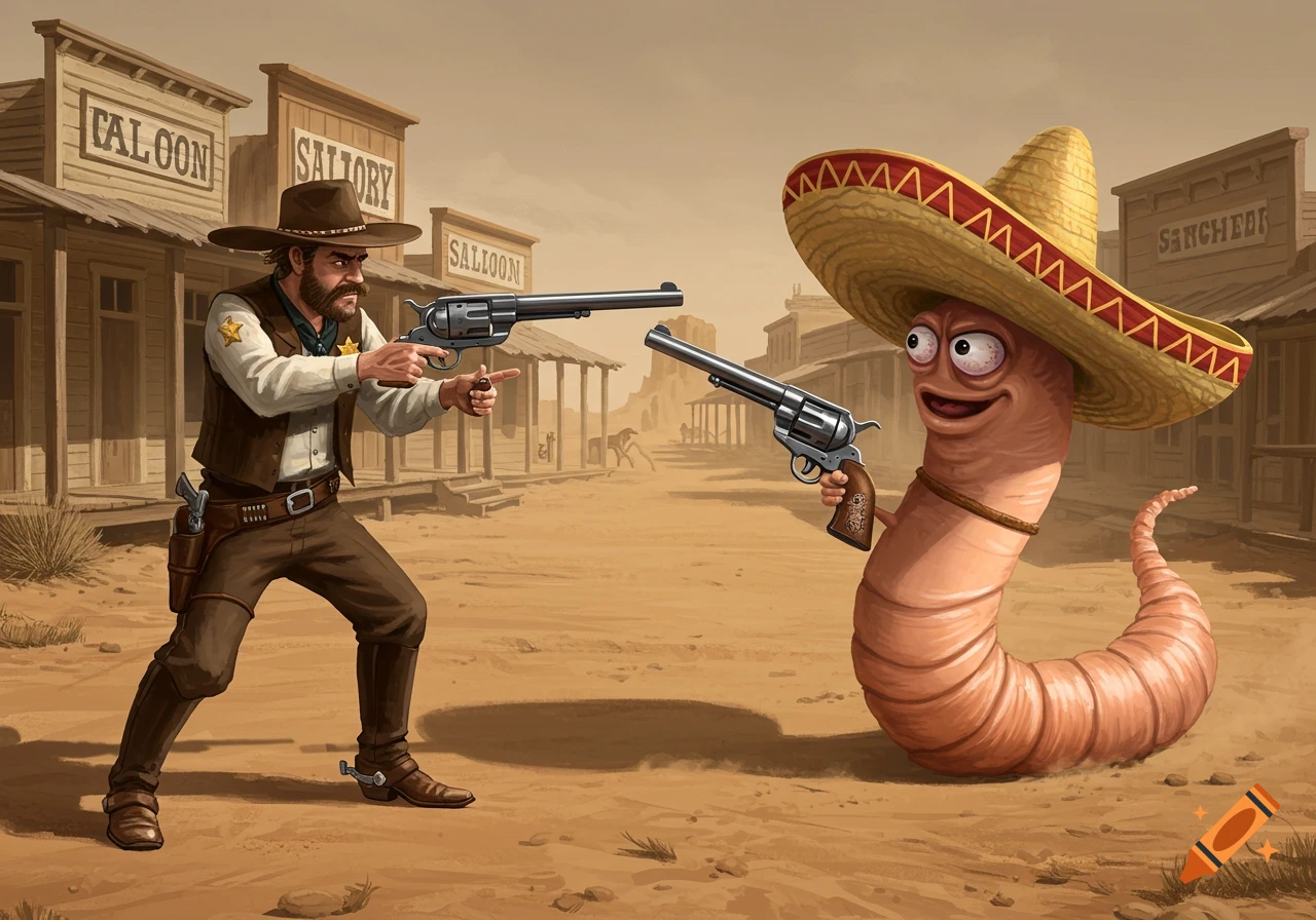 A cartoon sheriff and a worm in a sombrero face off in a wild west town, both wielding revolvers.
