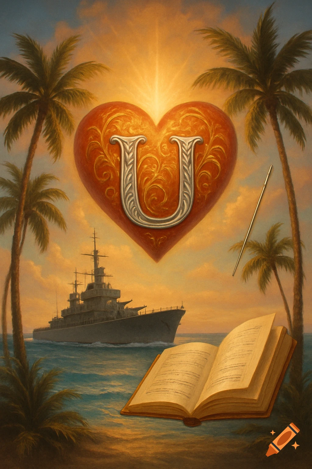 An ornate heart with a silver 'U' floats above a warship in tropical waters, flanked by palm trees. An open book and a sewing needle are in the foreground, under a bright, radiant sky at sunset. Stylized art.