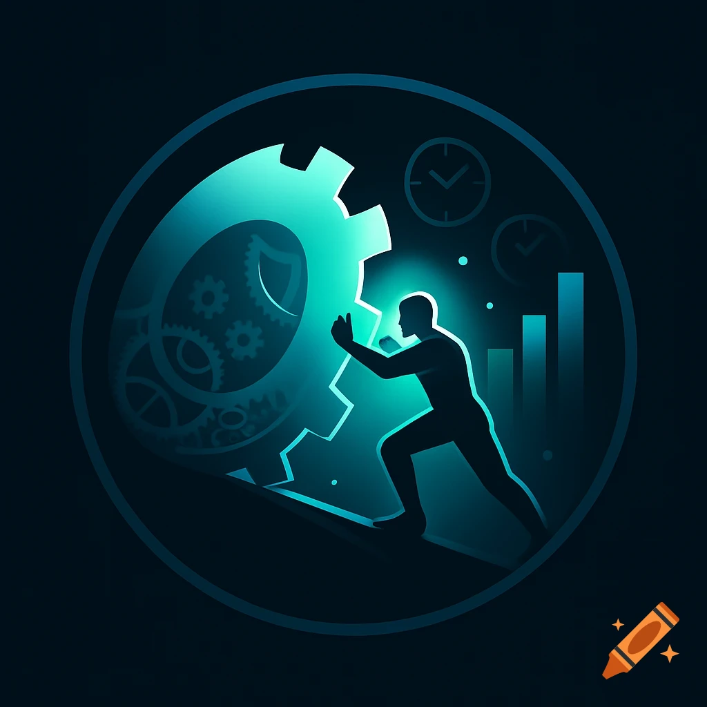 Stylized illustration of a silhouette pushing a glowing gear uphill, surrounded by clocks and bar graphs on a dark background.