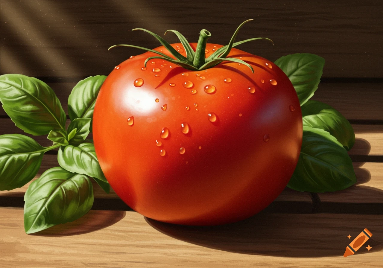 Vibrant red tomato with water droplets and fresh green basil leaves on a wooden surface.
