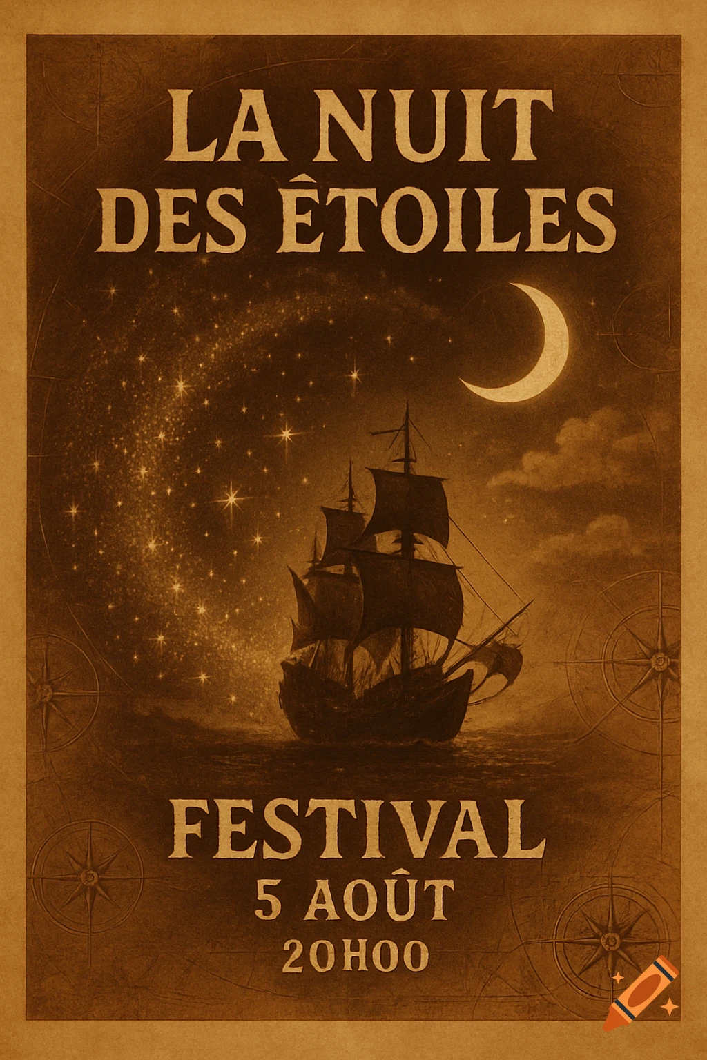 A vintage sepia-toned festival poster depicting a sailing ship under a crescent moon and a starry sky, with text "LA NUIT DES ÉTOILES FESTIVAL 5 AOÛT 20HOO".
