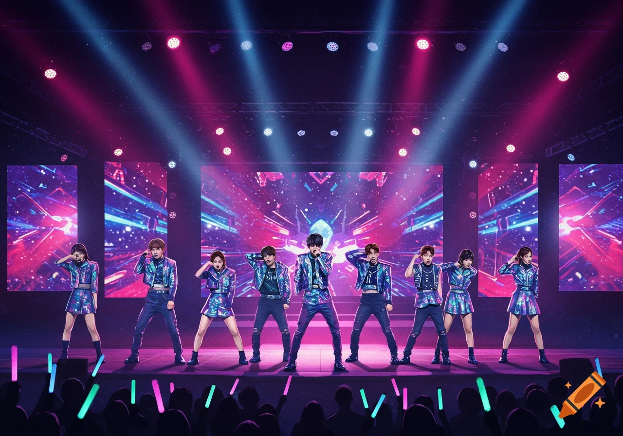 A K-pop group performs on a vibrant stage under blue and pink spotlights, with an audience holding glowing light sticks.