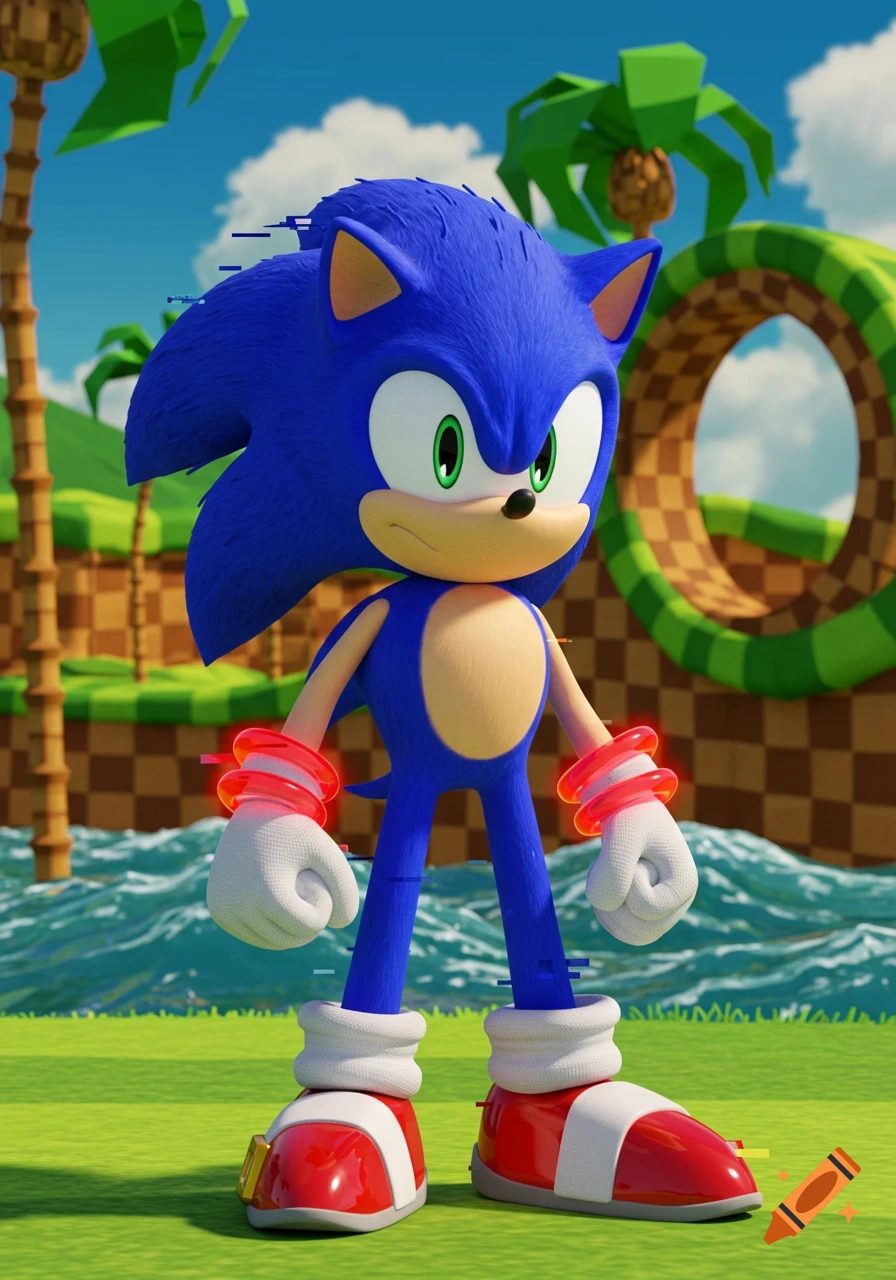A 3D glitching Sonic the Hedgehog stands in Green Hill Zone with palm trees and a loop.
