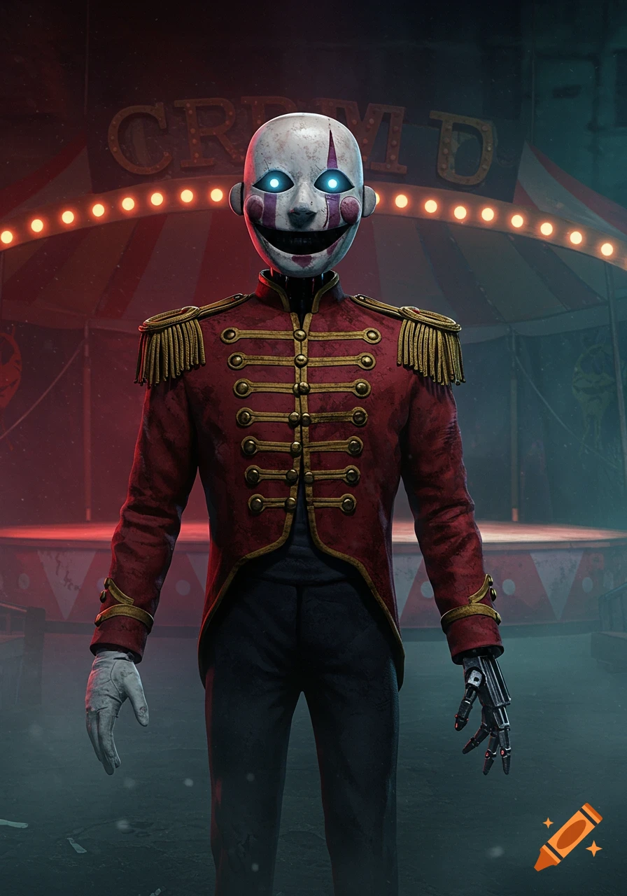 Creepy animatronic clown in a red showman's jacket with a porcelain mask, glowing blue eyes, and a robotic hand in a dark circus.