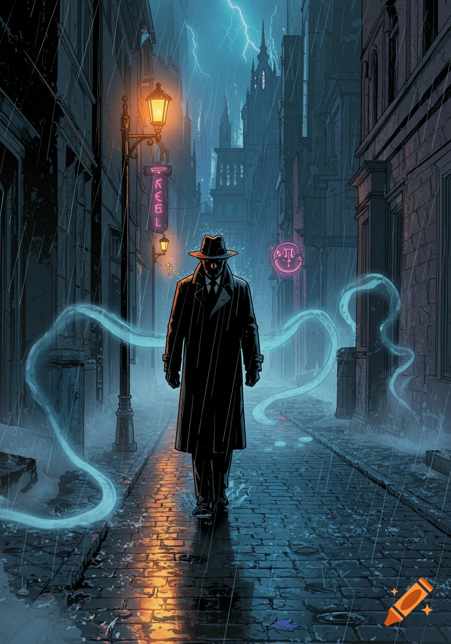 A dark, comic book art scene of a trench-coated detective with a fedora walking down a rain-slick gothic city street at night, with glowing tendrils and lightning.