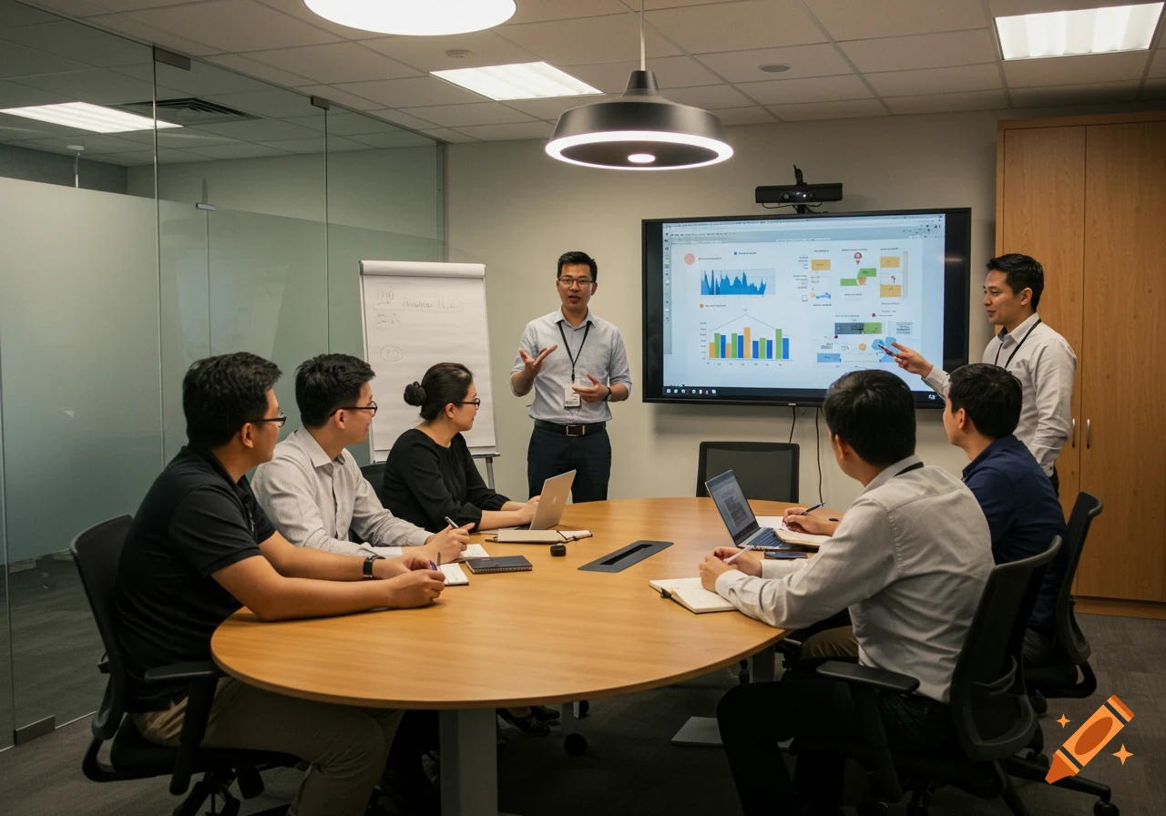 A group of diverse professionals in a modern office attending a training session, with a presenter at a screen displaying charts.