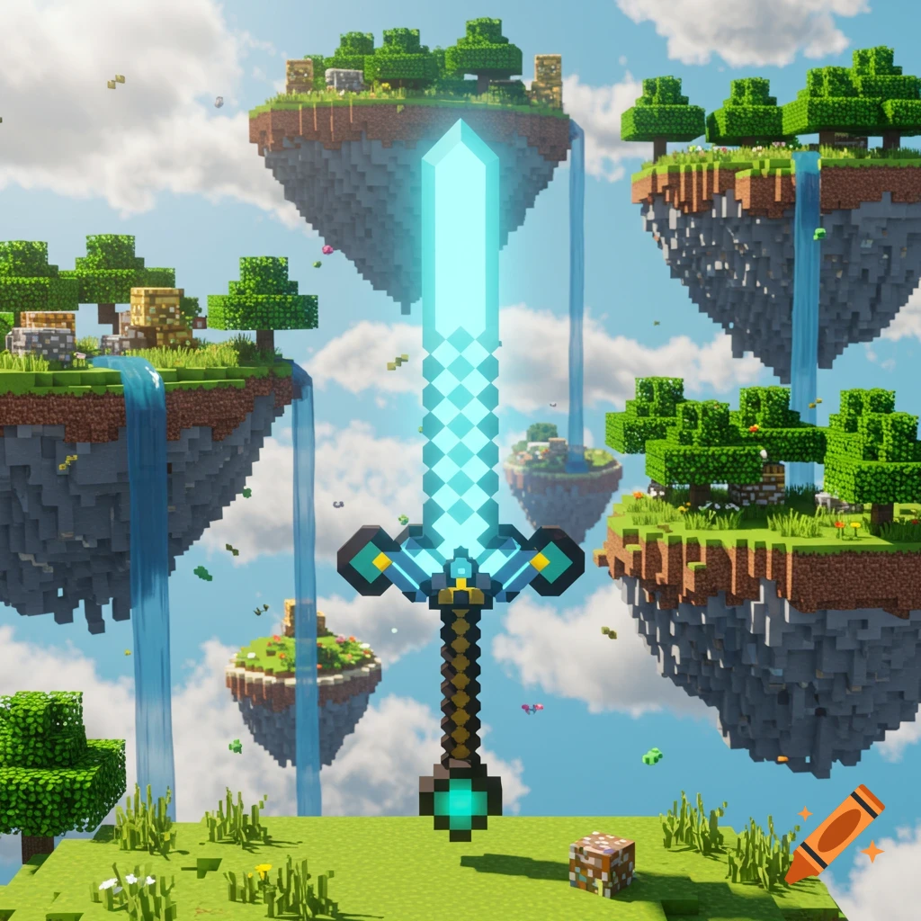 A glowing pixelated magic sword floats vertically among blocky Minecraft-style floating islands with trees and waterfalls.