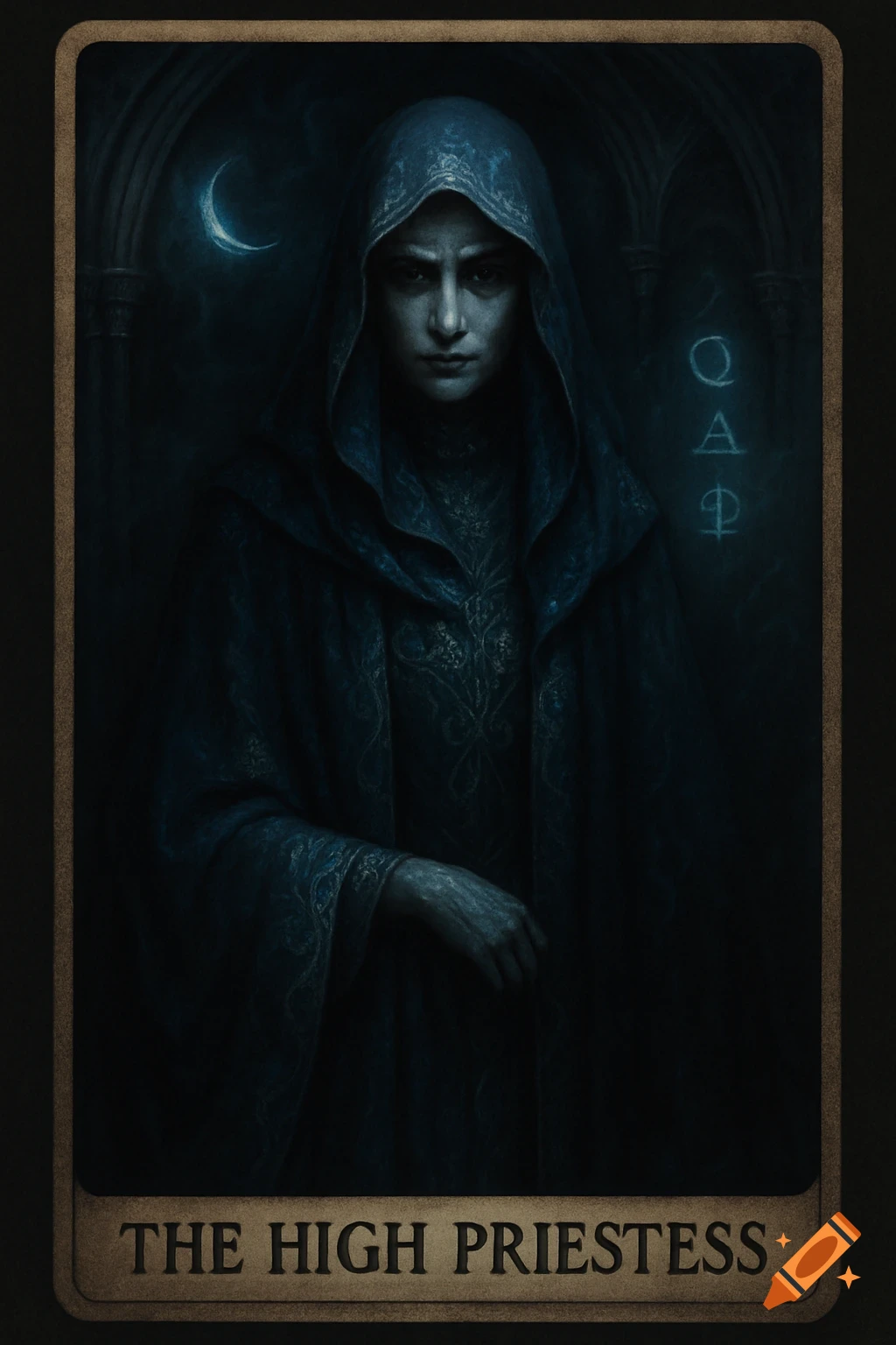 A dark, ominous tarot card of The High Priestess in a hooded robe, with a crescent moon and mystic symbols, in a gothic style.