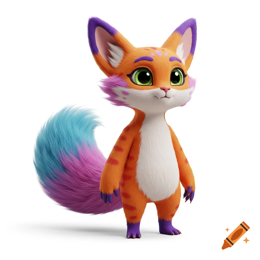 A cute, stylized cartoon fox with orange fur, green eyes, and a blue and pink tail stands on a white background.