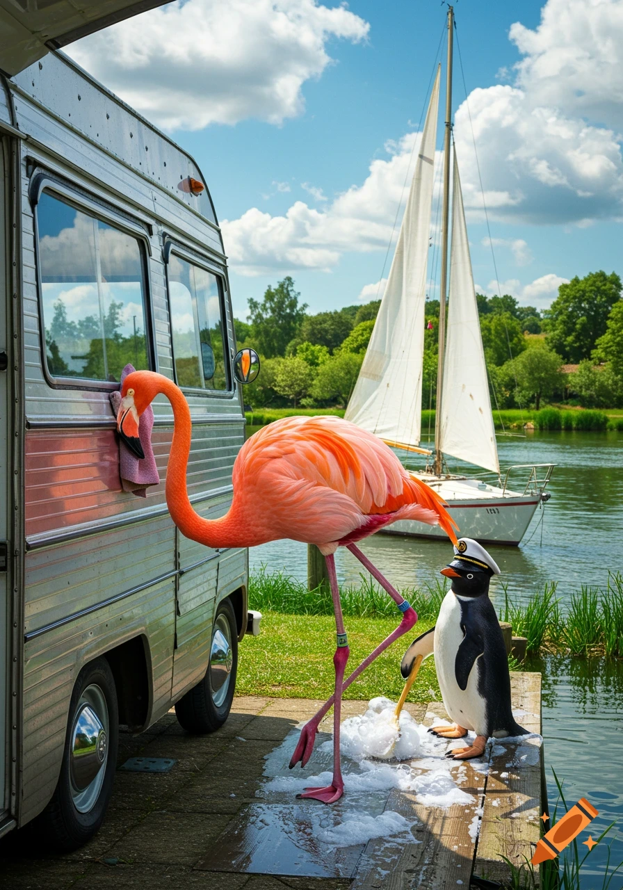 A flamingo polishes a silver RV as a penguin in a captain's hat cleans a dock by a lake with a sailboat.