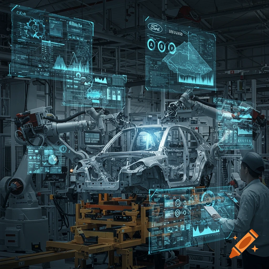 A futuristic car manufacturing plant with robotic arms assembling a car chassis, while an engineer monitors multiple holographic displays showing data and charts.