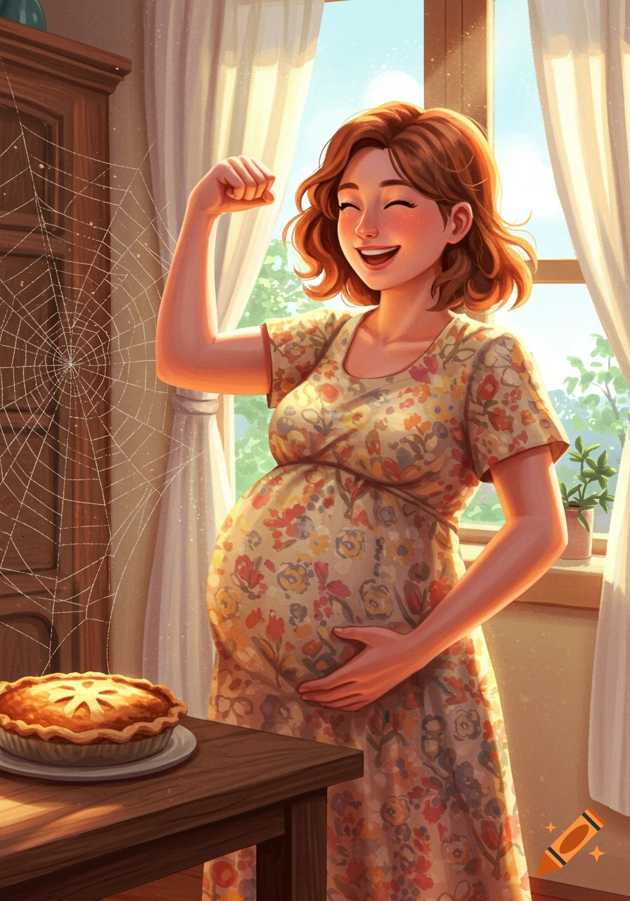 A happy, pregnant woman in a floral dress flexes, holding her belly, next to a pie and a spider web in a sunlit illustrated room.