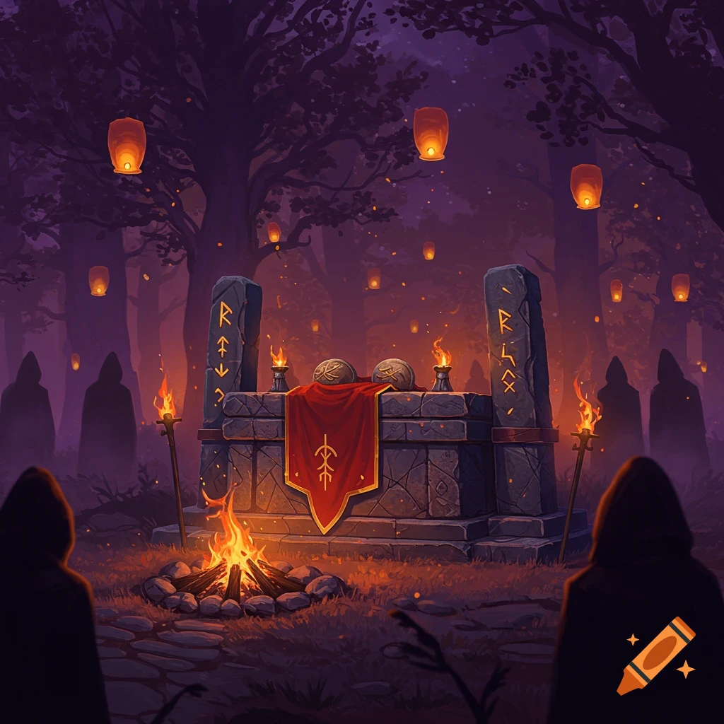 A dark fantasy scene showing hooded figures gathered around a stone altar with a bonfire and floating lanterns in a mysterious forest at night.