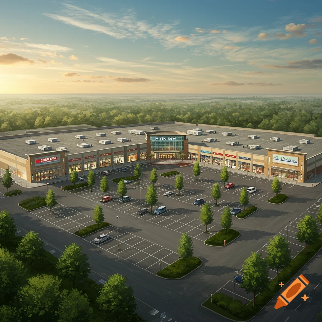 Aerial view of a large shopping center with a parking lot and green trees under a partly cloudy sky.