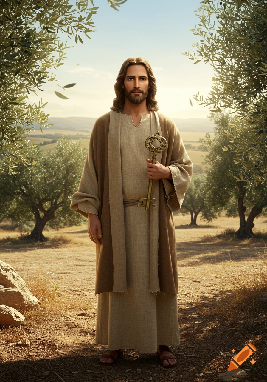 A photorealistic depiction of Jesus with long brown hair and a beard, dressed in robes, holding a large ornate key in an olive grove.