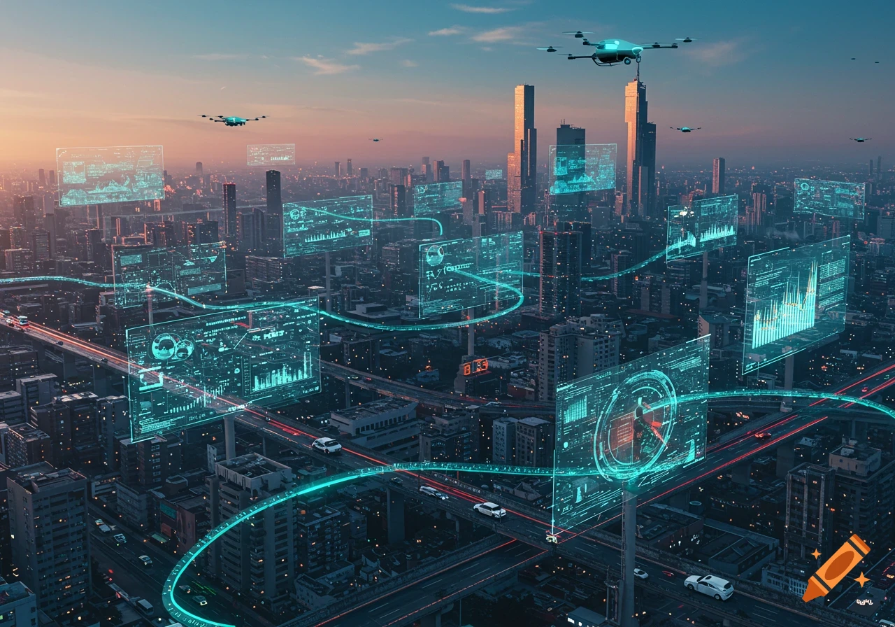 Futuristic cityscape at dusk with drones, holographic data displays ...