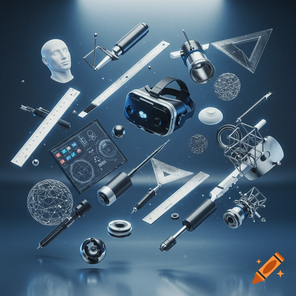 An array of metallic 3D rendering tools, rulers, protractors, a VR headset, a stylized head, and geometric objects float against a dark blue gradient background.