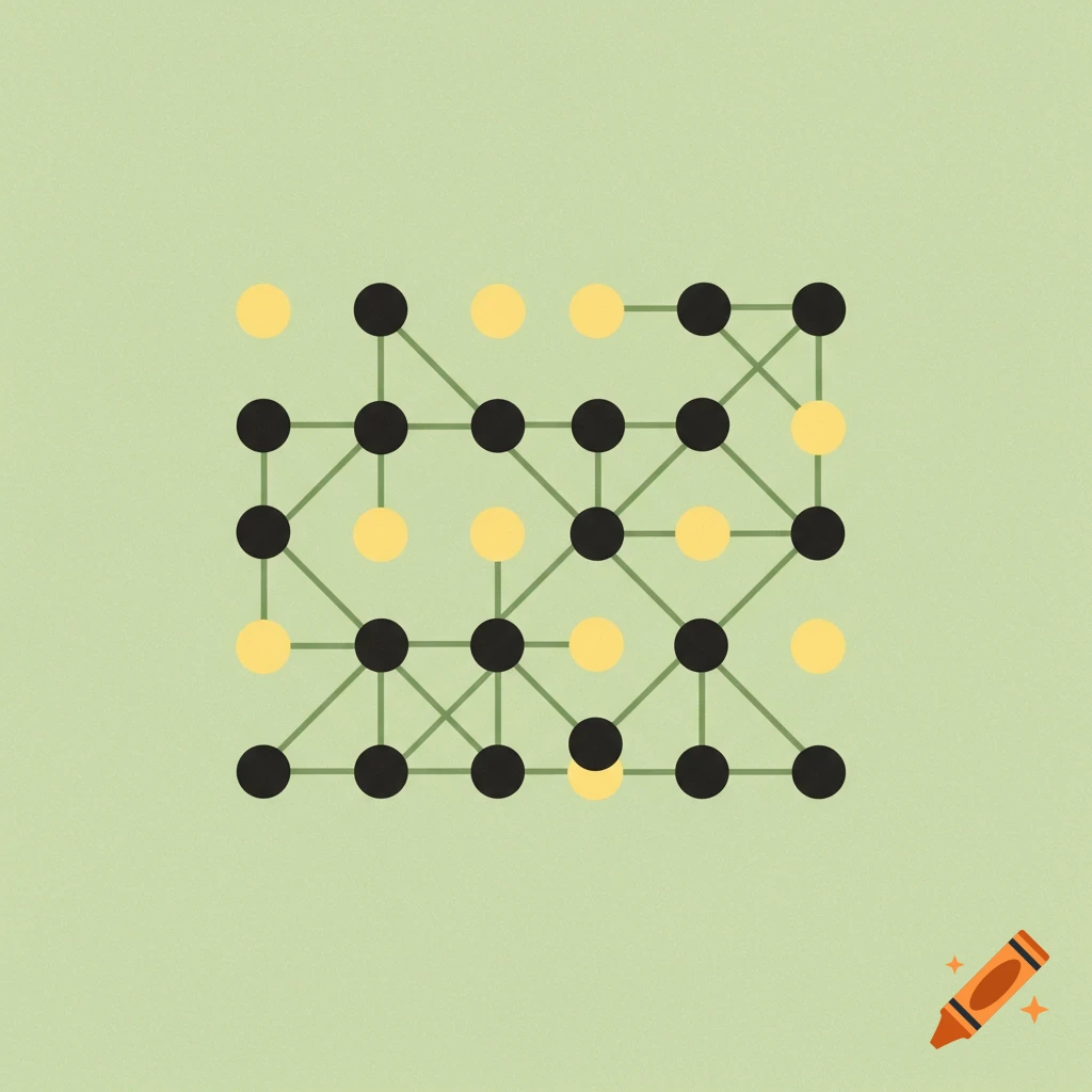 A minimalist illustration of a grid of black and yellow dots connected by green lines on a pale green-yellow background, resembling a game board.