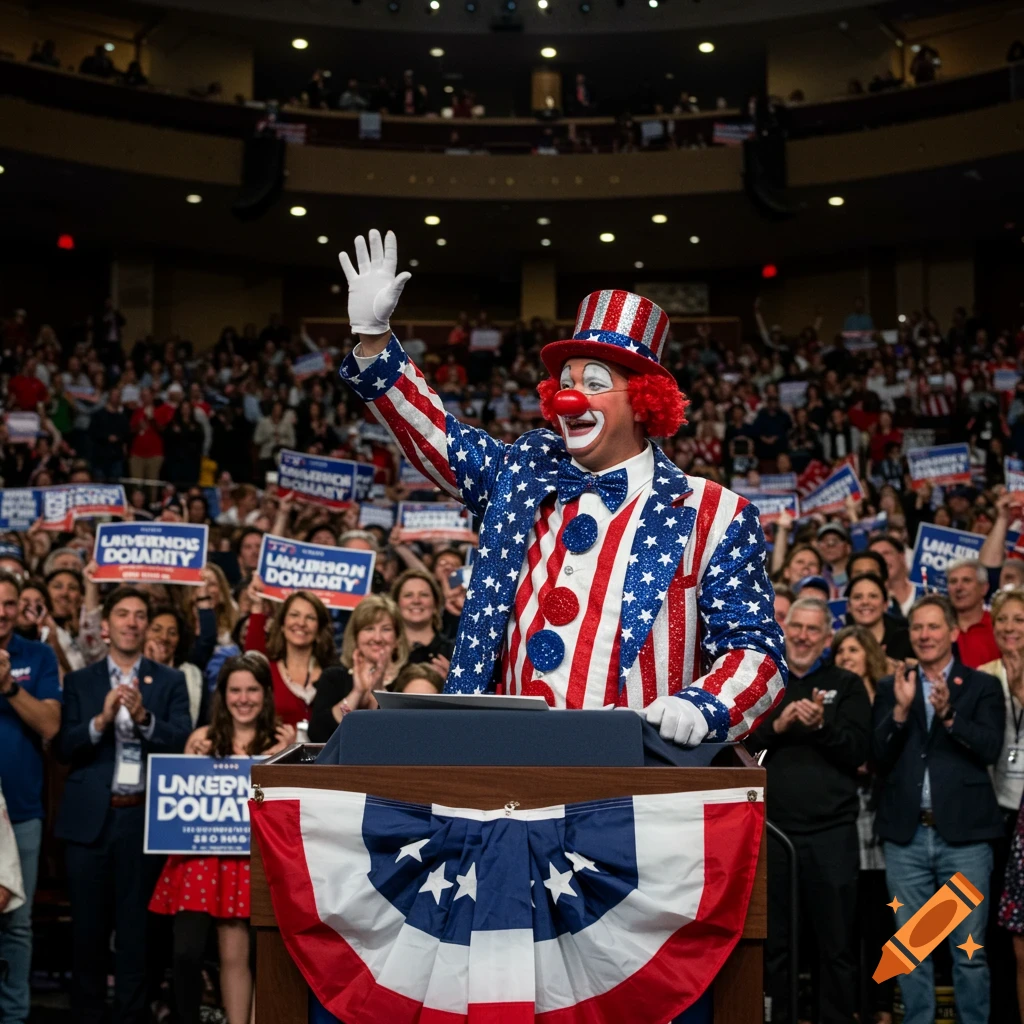 A clown in an American flag suit and top hat waves to a large crowd in a political rally auditorium, with people holding signs.