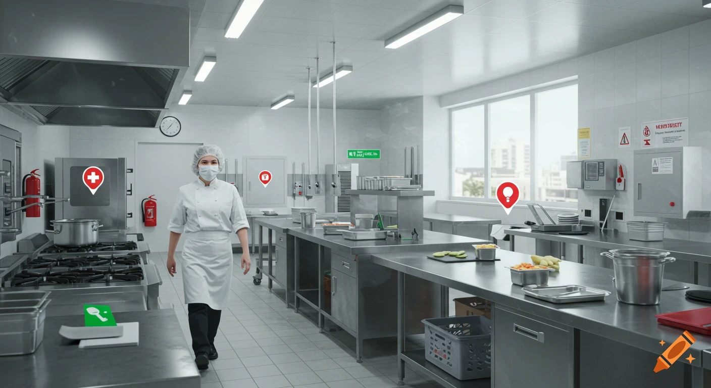 A masked chef in a white uniform and hairnet walks through a clean, modern industrial kitchen with stainless steel counters and safety signs.