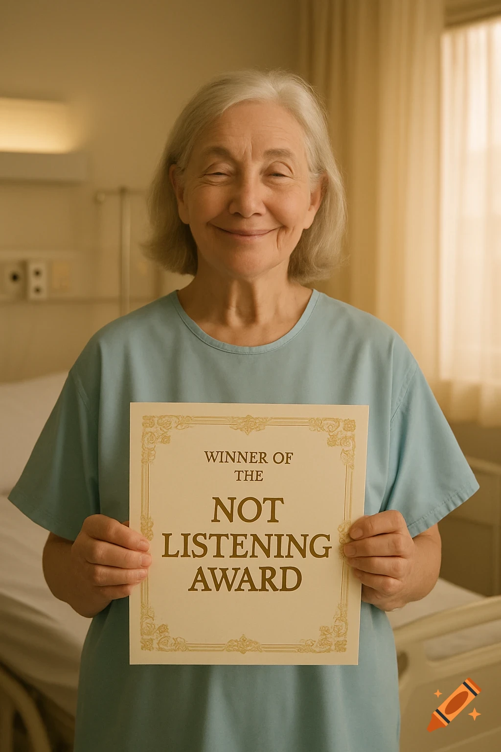 A happy older lady in a hospital gown smiles while holding a 'Winner of the Not Listening Award' certificate in a hospital room.