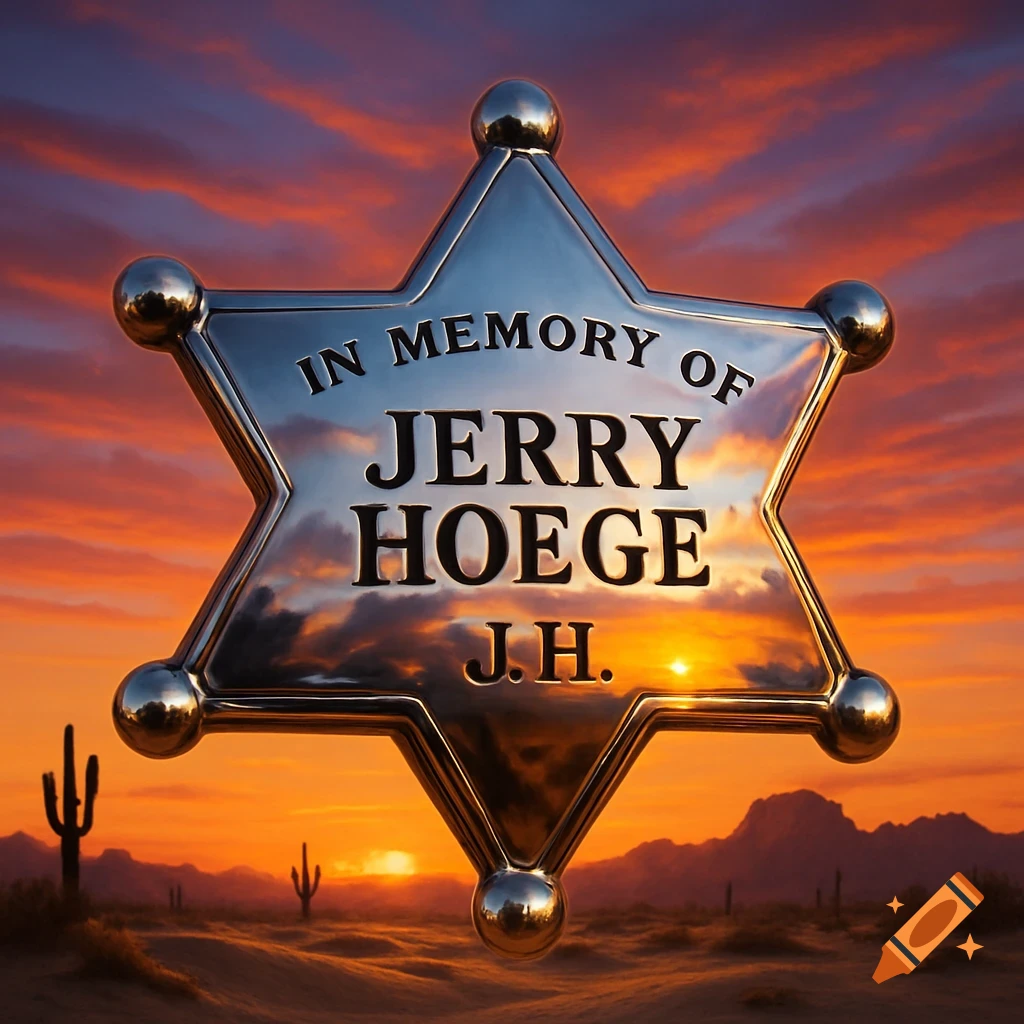 Metallic silver sheriff badge with 'In Memory of Jerry Hoege J.H.' against a vibrant desert sunset with cacti.