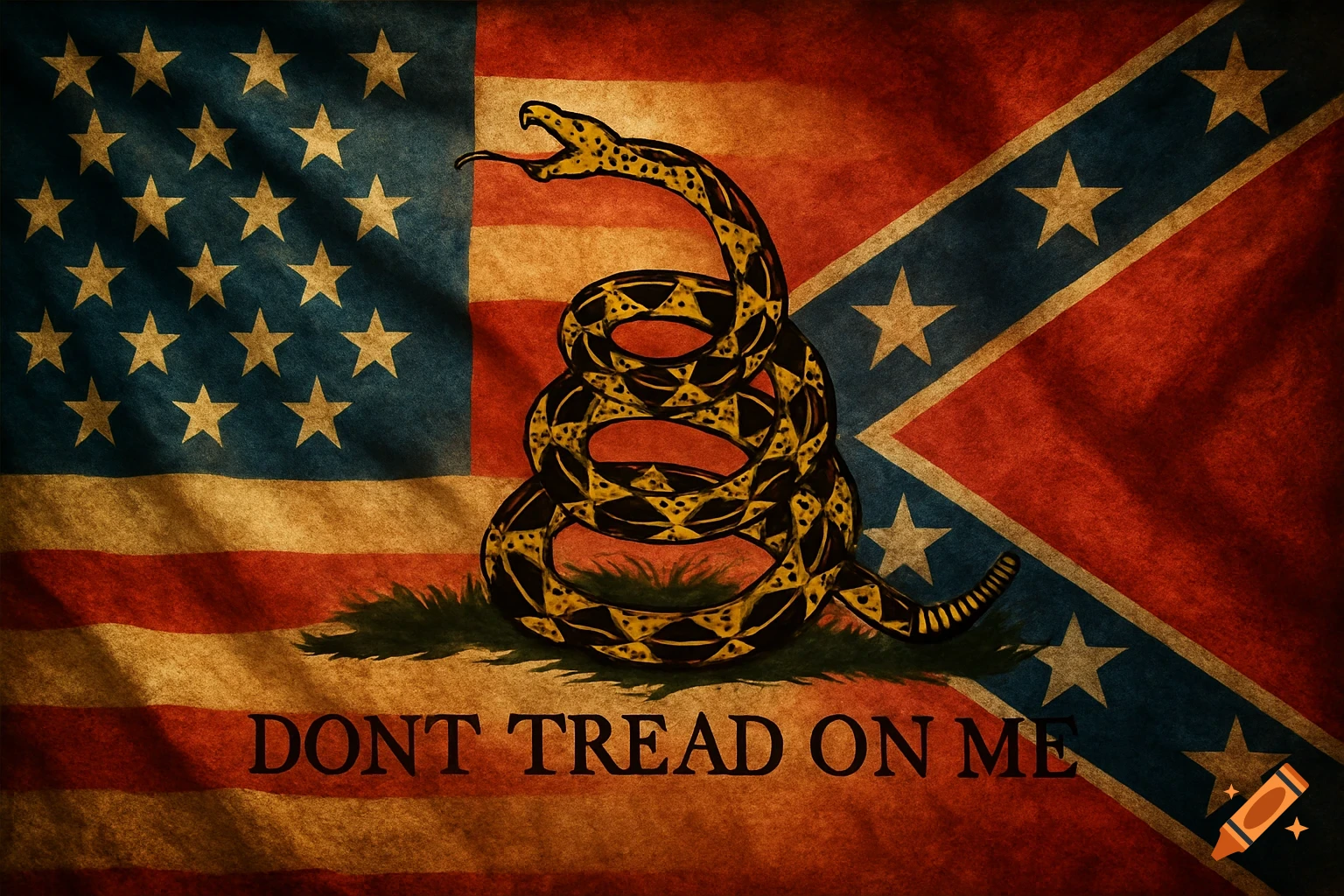 A vintage-style flag combining the American flag and the Confederate battle flag, overlaid with a coiled rattlesnake and the text "DONT TREAD ON ME".
