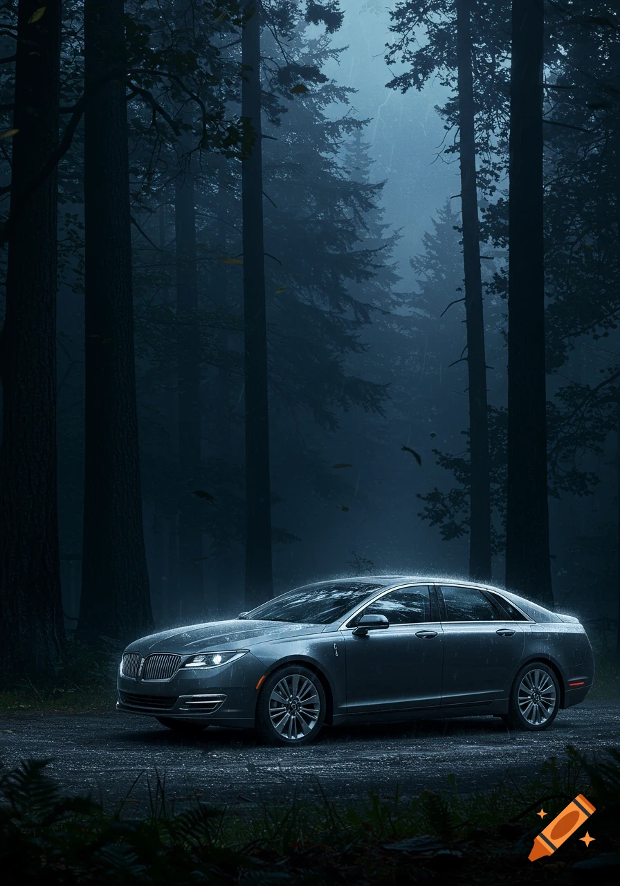 A silver Lincoln MKZ sedan parked on a wet forest road at night amidst dark, misty trees, appearing to be raining.