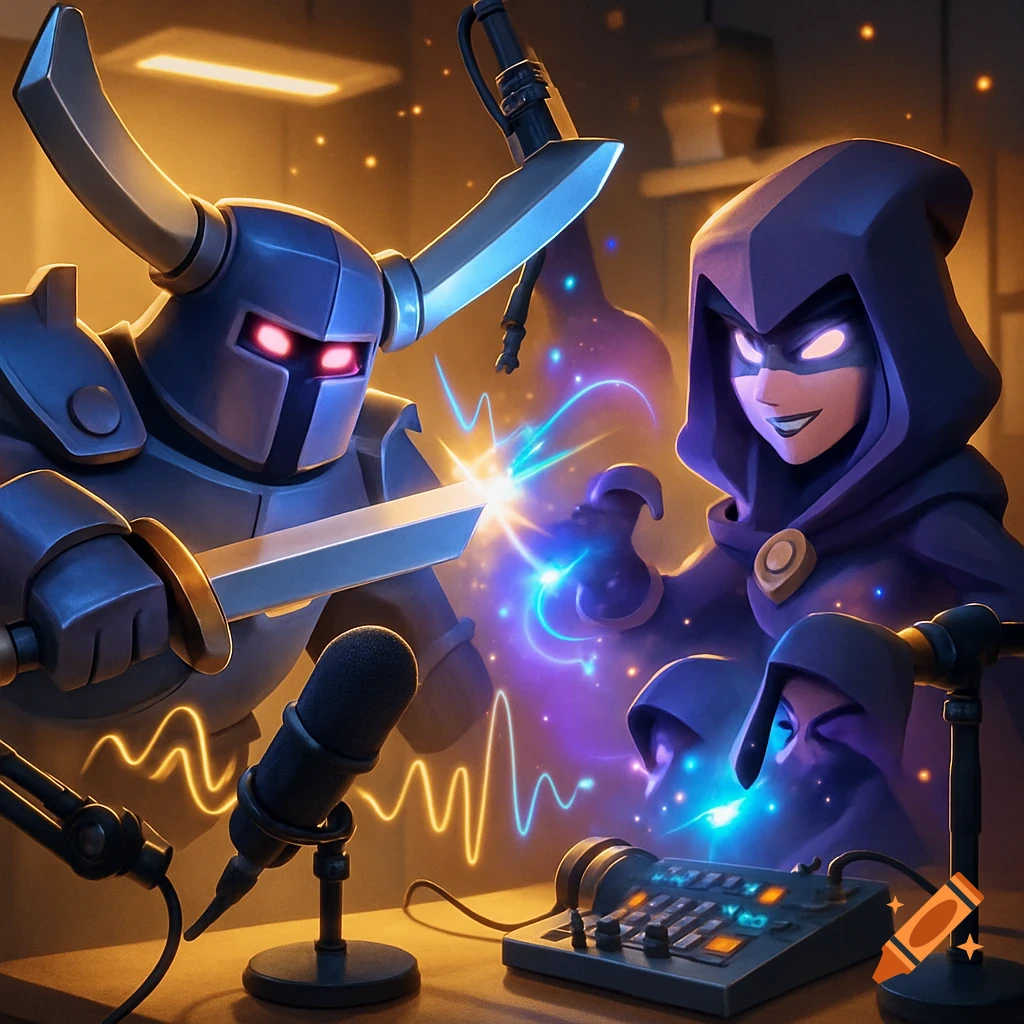 Clash Royale P.E.K.K.A. and Night Witch in a podcast studio with microphones and magical effects.