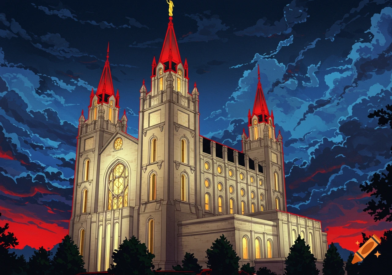 A grand temple with red spires and illuminated windows under a dramatic blue and red sky, in Persona 5 art style.