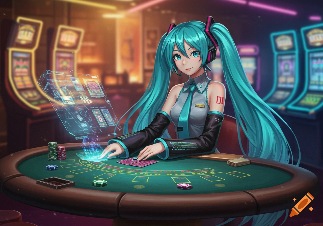 Hatsune Miku, an anime character, sits at a blackjack table with a glowing holographic interface, in a vibrant casino.