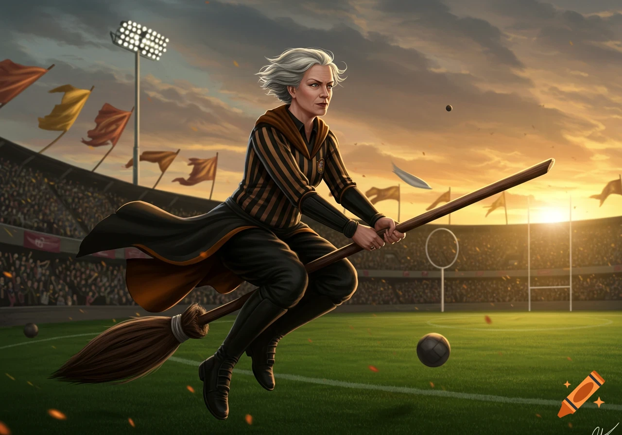 A stern-faced woman with white hair flies on a broomstick over a green sports field in a stadium at sunset, in an illustrated style.