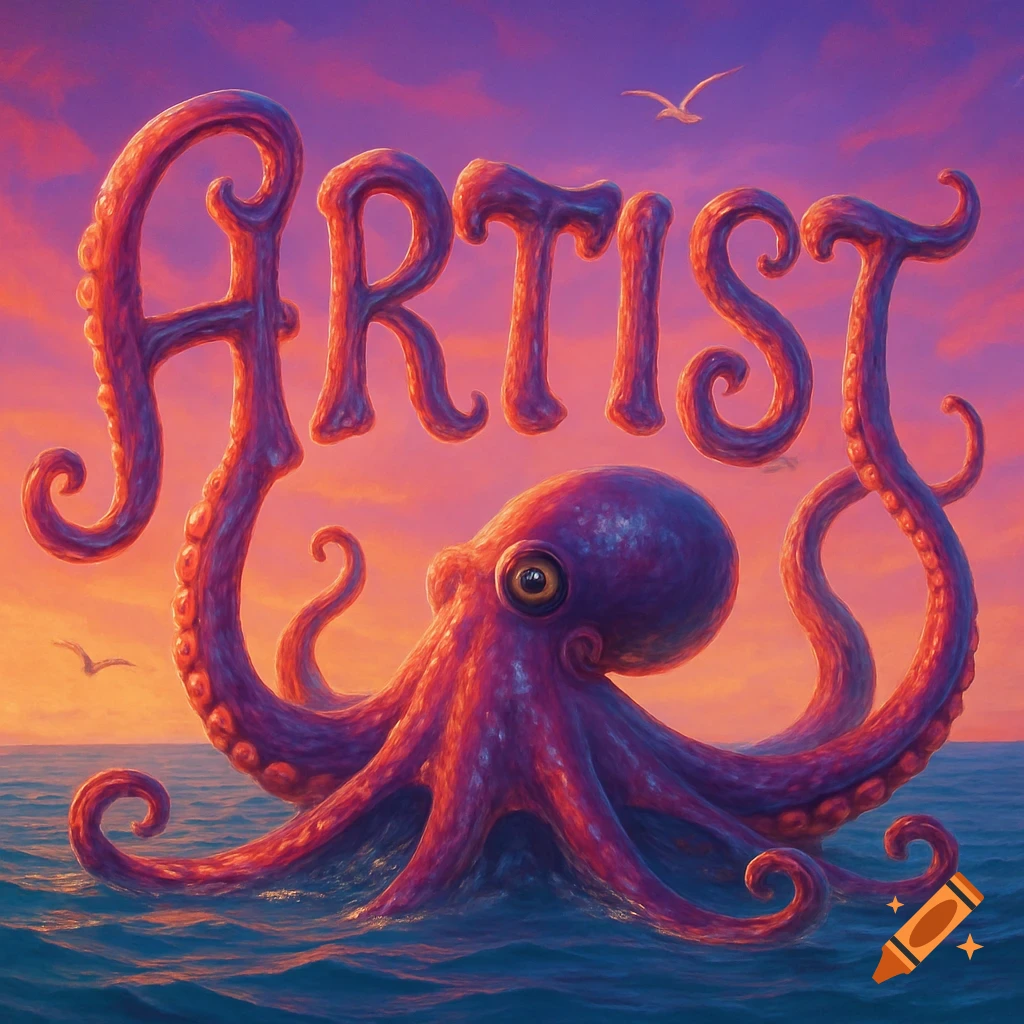 A vibrant purple octopus emerges from a calm blue sea at sunset, its tentacles forming the word 'ARTIST' against an orange and purple sky.