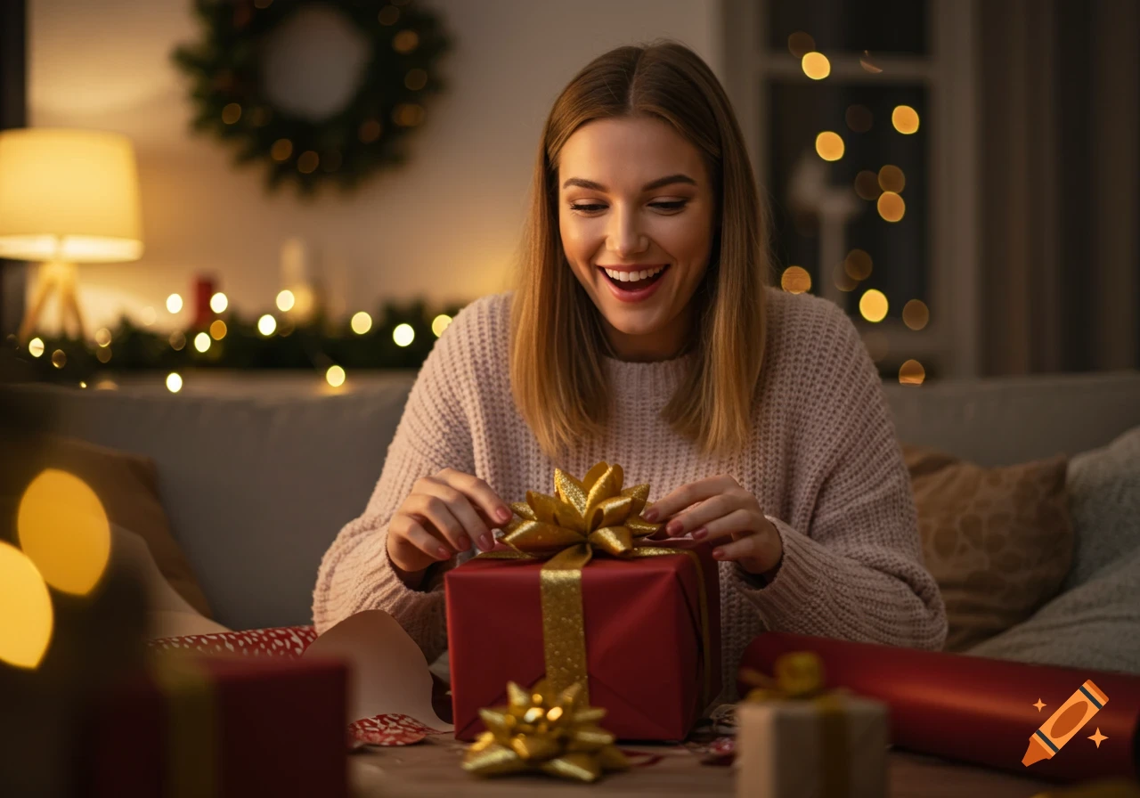 A smiling young woman in a cozy sweater opens a red gift with a gold bow in a softly lit room decorated for holidays.
