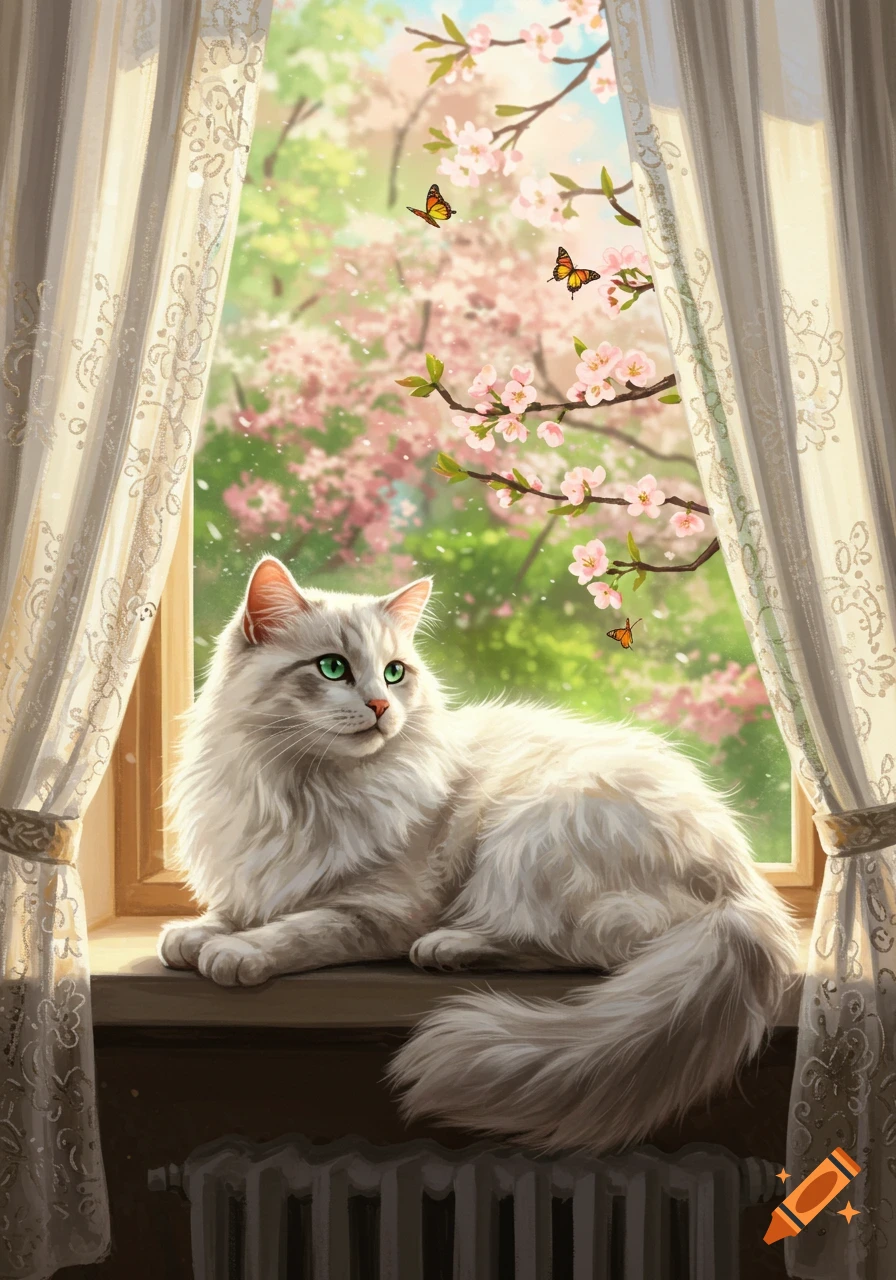 A fluffy white cat with green eyes sits on a sunlit windowsill, looking ...