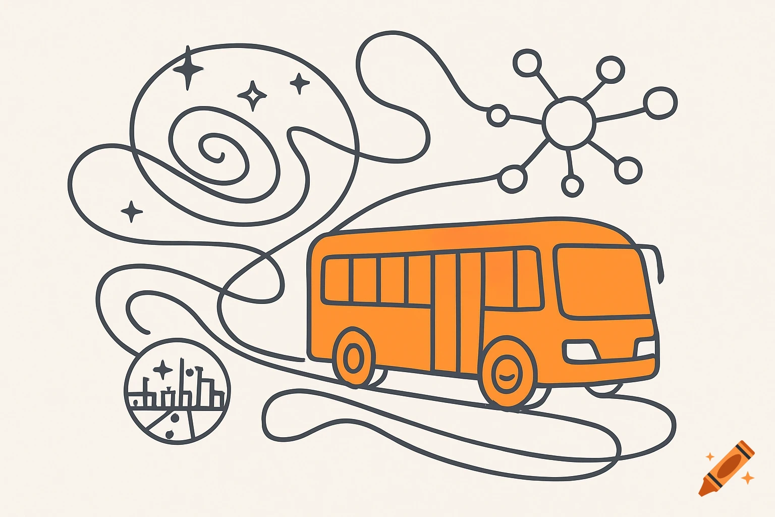 A minimalist vector illustration of an orange bus traveling through an abstract universe of swirling dark lines, stars, and connected nodes.