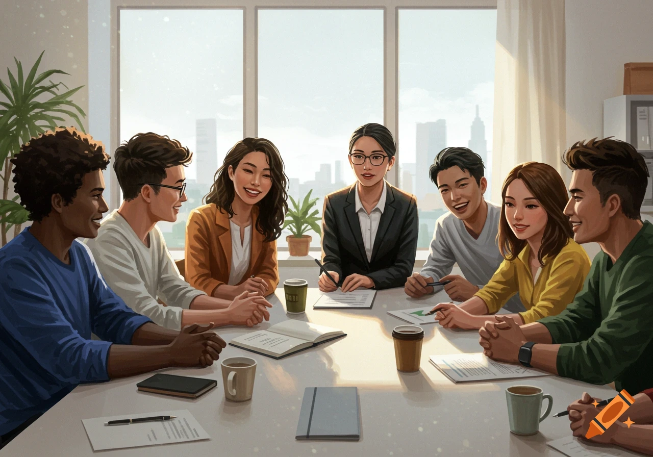 A diverse group of smiling professionals, men and women, meet around a table in a bright office, engaging in a friendly discussion with documents and coffee cups.