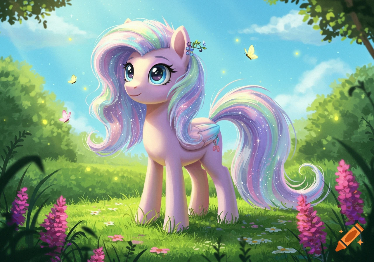 A pink My Little Pony character with a glittery rainbow mane and tail stands in a vibrant green meadow with pink flowers and butterflies.