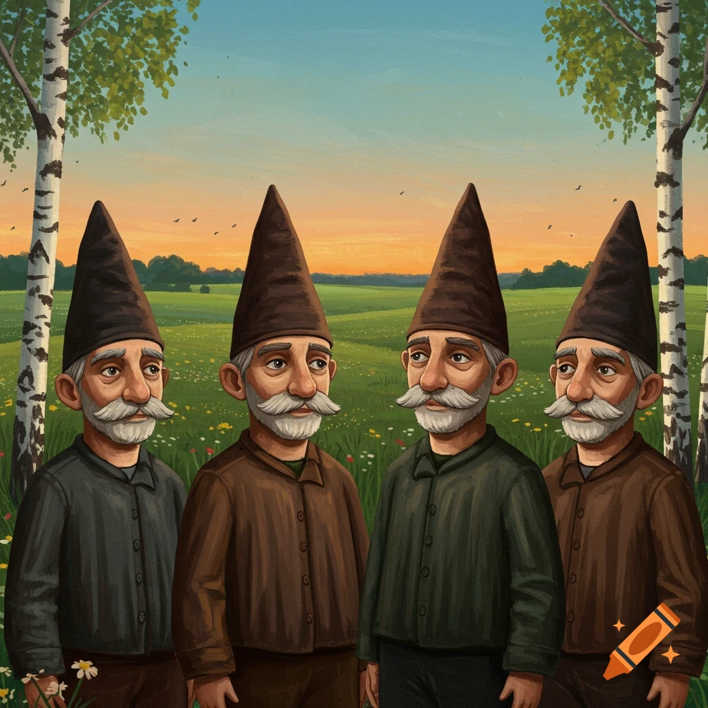 Four older men with white mustaches and pointed brown hats stand in a grassy field with birch trees at sunrise, in an illustrative style.