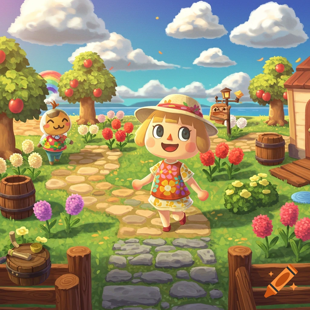 Two smiling Animal Crossing villagers on a stone path in a vibrant island setting with fruit trees, flowers, and the ocean.