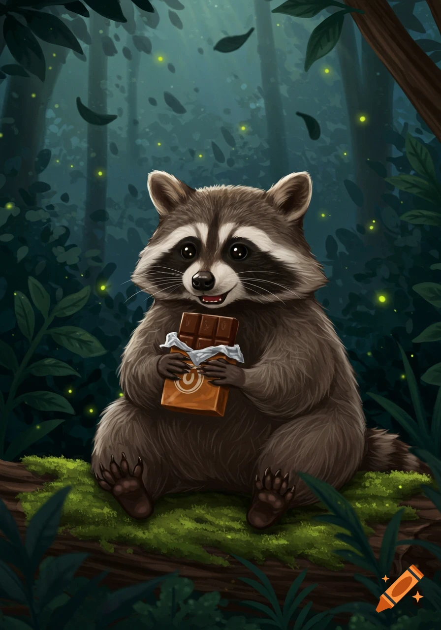 A cute, fluffy cartoon raccoon sits in a mystical forest, happily holding a chocolate bar with a partial logo.