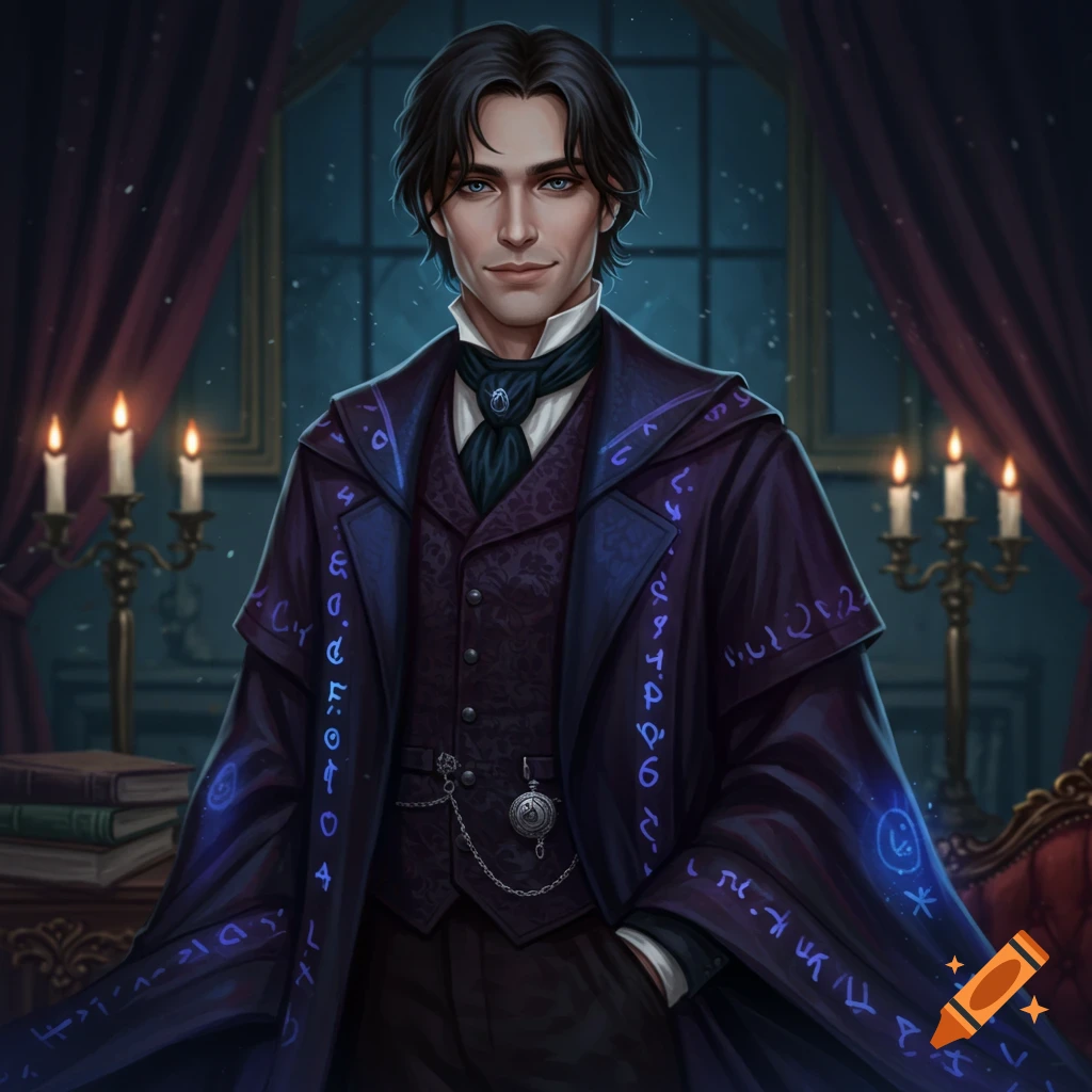 A handsome man with dark hair in a purple necromancer's robe with glowing symbols, Victorian formal wear, and a pocket watch, in a dimly lit room.