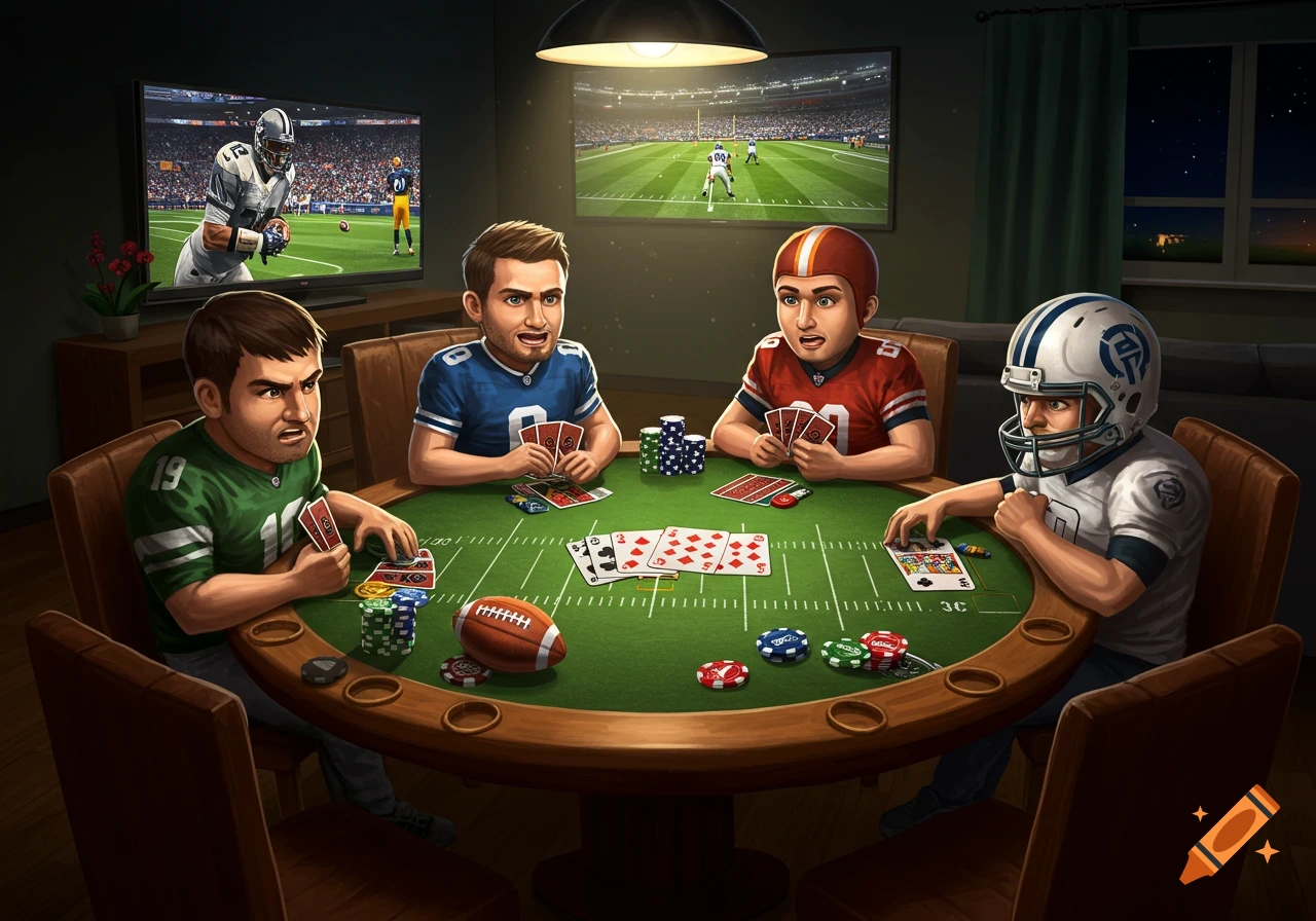 Four cartoon men play poker on a football field-themed table in a dimly lit room, with two TV screens showing football games in the background.