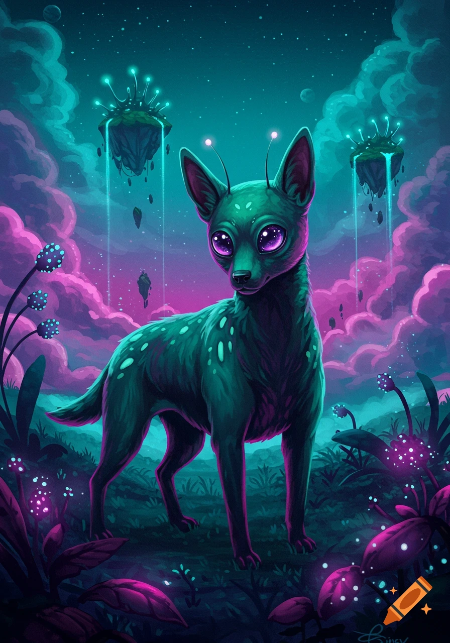 A stylized green alien dog with large purple eyes stands in a glowing, surreal landscape with pink clouds.